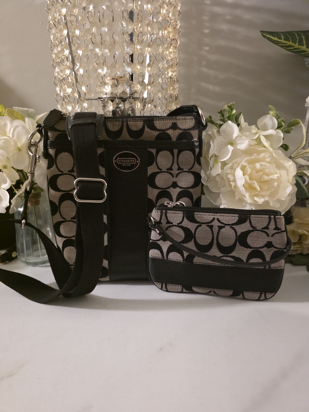 Coach Black and Beige Signature Canvas Crossbody with Wristlet